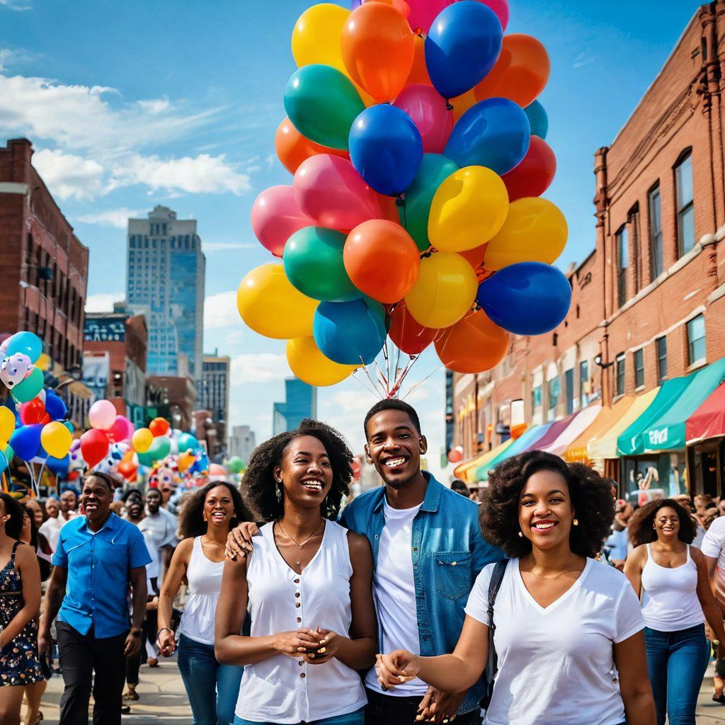 A lively street scene in Detroit showcasing diverse people joyfully engaging in community events, vibrant murals depicting affection and devotion, the iconic Detroit skyline in the background, smiles and warmth radiating from the crowd, balloons and colorful decorations enhancing the festive mood. super-realistic. vibrant colors. dynamic composition.