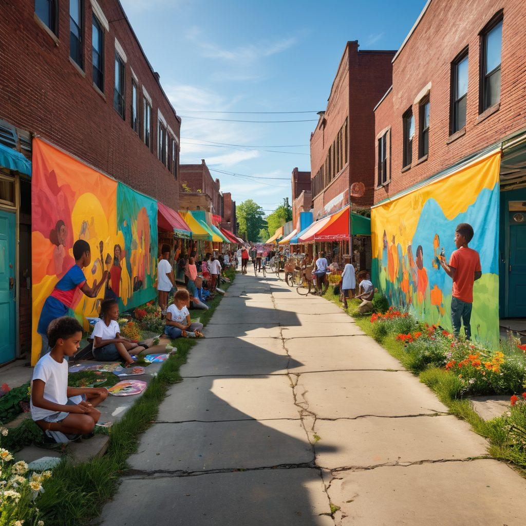 A bustling street scene in a Detroit neighborhood showcasing diverse community members engaged in vibrant activities such as mural painting, music performances, and local food stalls. Include colorful banners and art installations to reflect unity and creativity. Capture a dynamic atmosphere with children playing, artists at work, and neighbors interacting joyfully. super-realistic. vibrant colors. 3D.