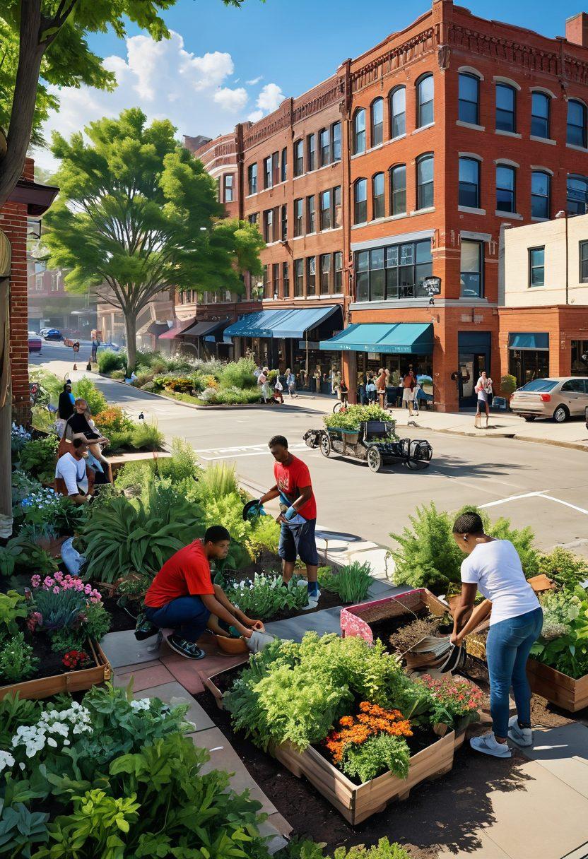 A vibrant urban scene showcasing diverse community members engaging in various activities like gardening, mural painting, and hosting a neighborhood market, set against a backdrop of iconic Detroit architecture. Lively interactions should radiate a sense of unity and cultural richness, with greenery interspersed among urban structures. Warm sunlight filtering through trees creates an inviting atmosphere. super-realistic. vibrant colors. 3D.